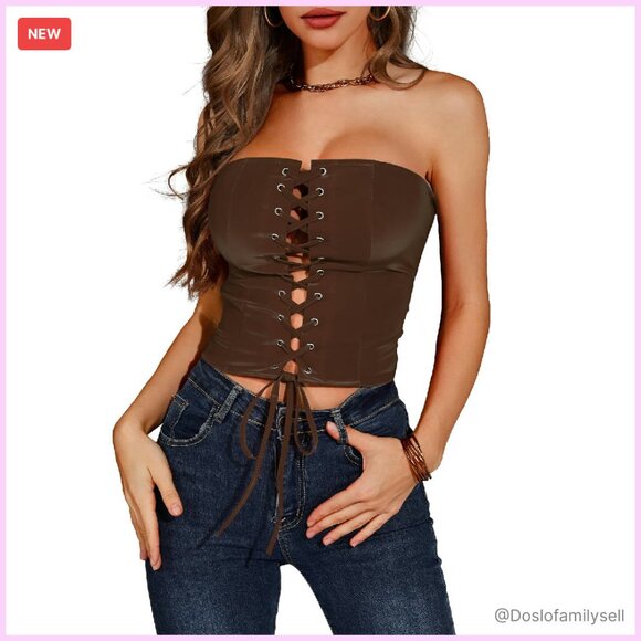 Tops - Strapless PU Leather Crop Top Lace Up Front Corset Vest Y2K Chic